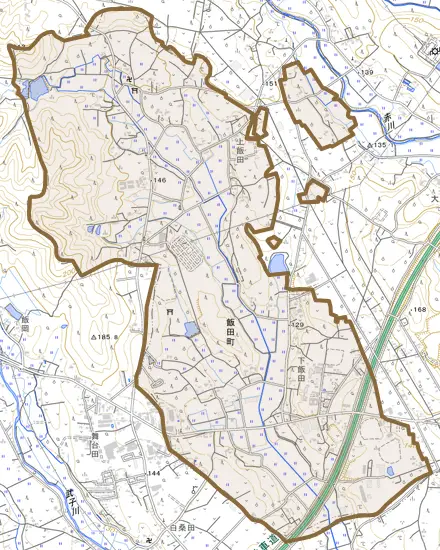 飯田町とその周辺の地図。町の範囲を重ねている