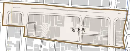 池上町とその周辺の地図。町の範囲を重ねている