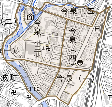 今泉とその周辺の地図。町の範囲を重ねている