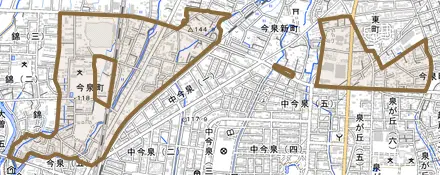 今泉町とその周辺の地図。町の範囲を重ねている