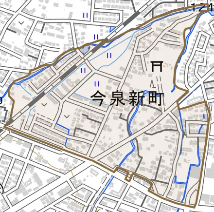 今泉新町とその周辺の地図。町の範囲を重ねている