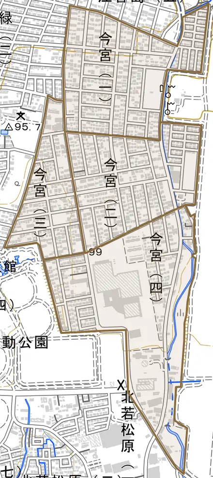 今宮とその周辺の地図。町の範囲を重ねている