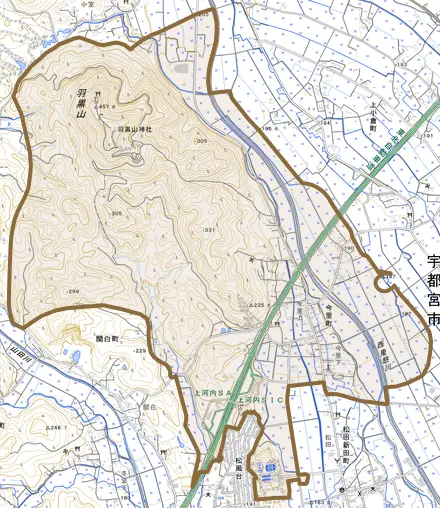 今里町とその周辺の地図。町の範囲を重ねている