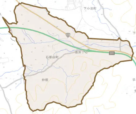 石那田町とその周辺の地図。町の範囲を重ねている