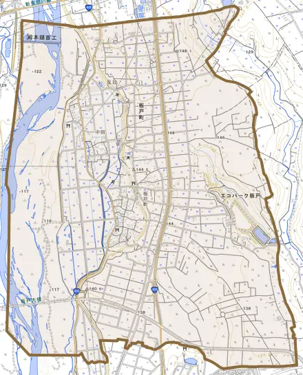 板戸町とその周辺の地図。町の範囲を重ねている