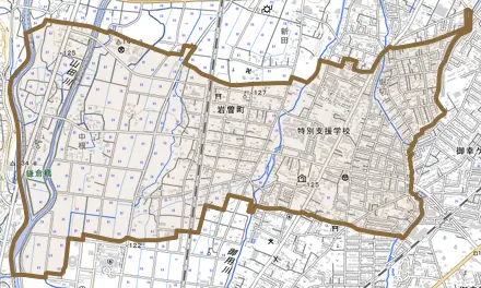 岩曽町とその周辺の地図。町の範囲を重ねている