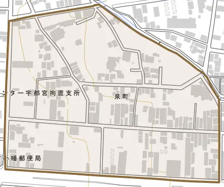 泉町とその周辺の地図。町の範囲を重ねている