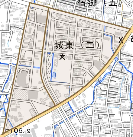 城東とその周辺の地図。町の範囲を重ねている