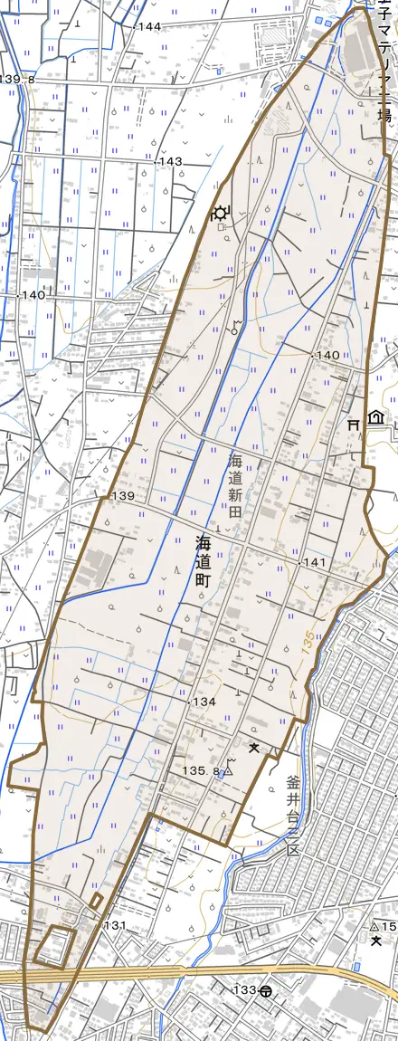 海道町とその周辺の地図。町の範囲を重ねている