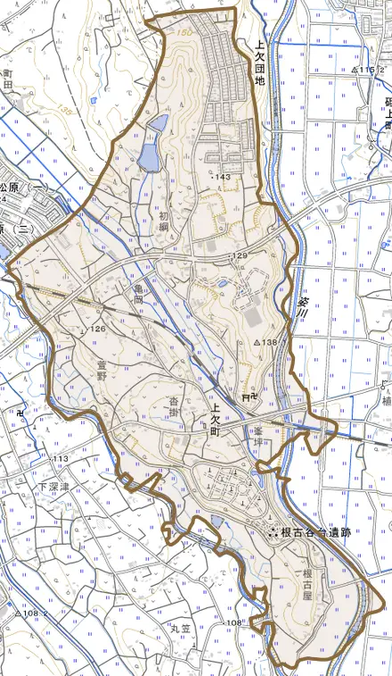 上欠町とその周辺の地図。町の範囲を重ねている