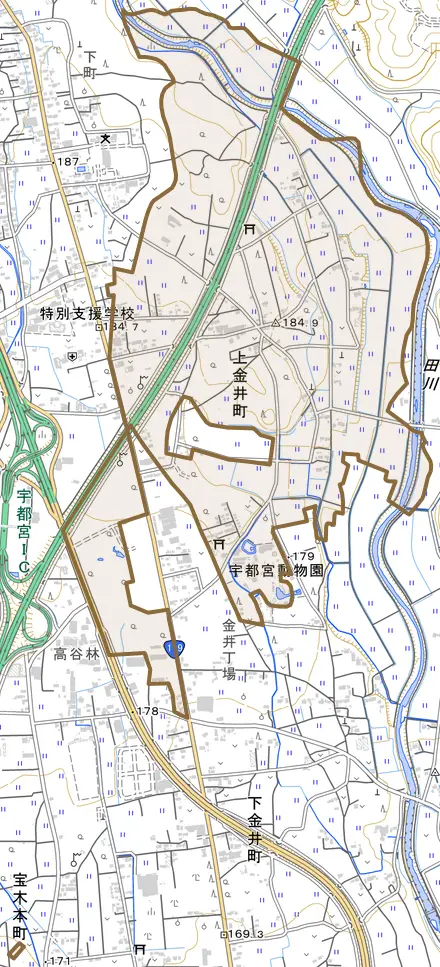 上金井町とその周辺の地図。町の範囲を重ねている