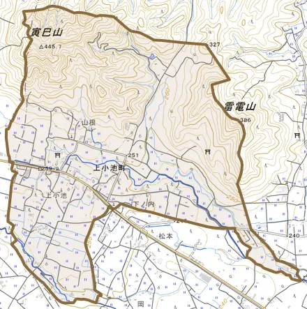 上小池町とその周辺の地図。町の範囲を重ねている