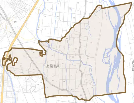 上桑島町とその周辺の地図。町の範囲を重ねている