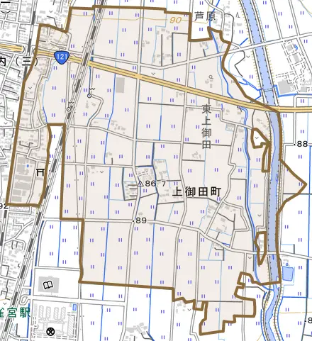 上御田町とその周辺の地図。町の範囲を重ねている