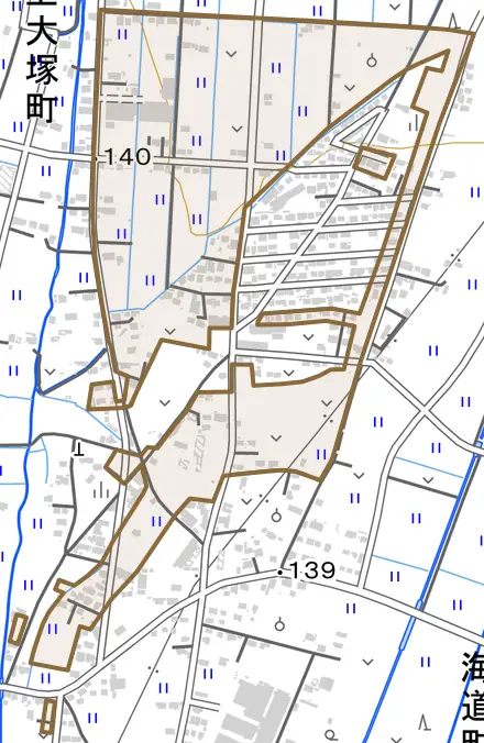 上大塚町とその周辺の地図。町の範囲を重ねている
