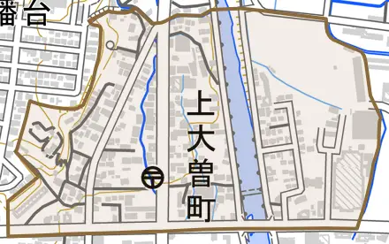 上大曽町とその周辺の地図。町の範囲を重ねている