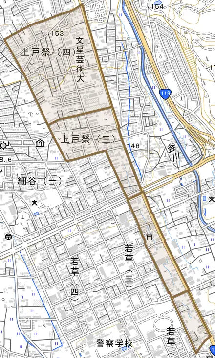 上戸祭とその周辺の地図。町の範囲を重ねている