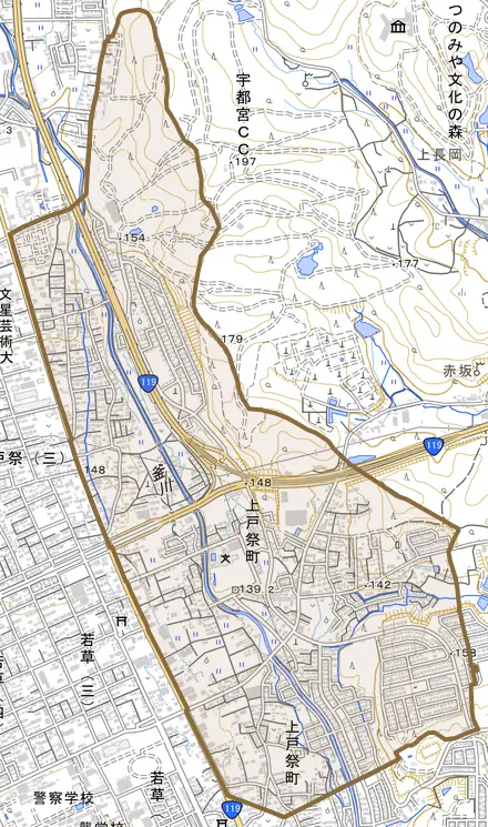 上戸祭町とその周辺の地図。町の範囲を重ねている