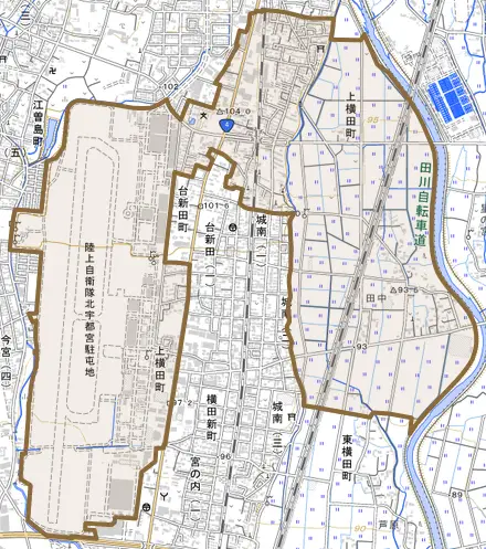 上横田町とその周辺の地図。町の範囲を重ねている
