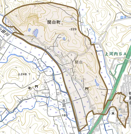 関白町とその周辺の地図。町の範囲を重ねている