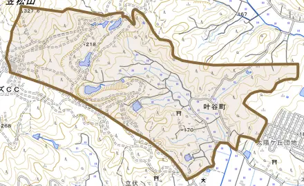 叶谷町とその周辺の地図。町の範囲を重ねている