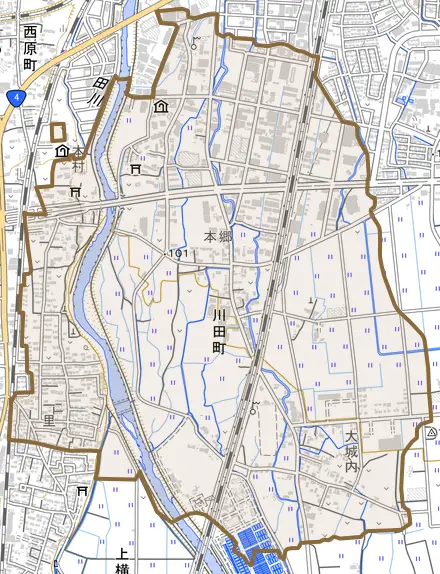 川田町とその周辺の地図。町の範囲を重ねている