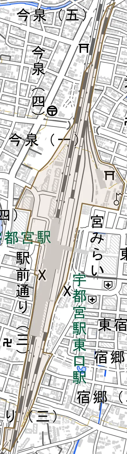 川向町とその周辺の地図。町の範囲を重ねている