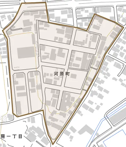 河原町とその周辺の地図。町の範囲を重ねている