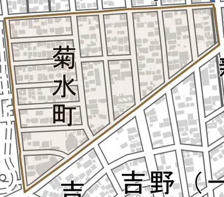 菊水町とその周辺の地図。町の範囲を重ねている
