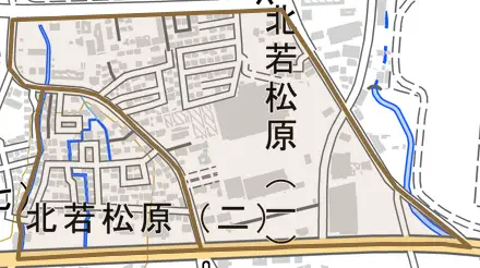 北若松原とその周辺の地図。町の範囲を重ねている