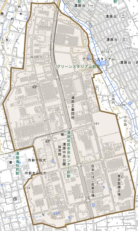 清原工業団地とその周辺の地図。町の範囲を重ねている