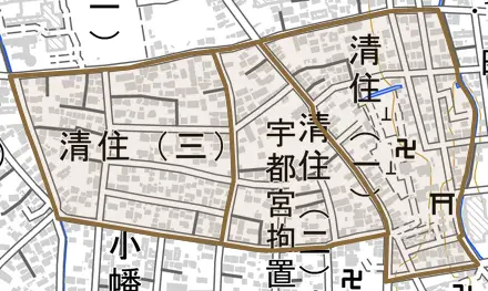 清住とその周辺の地図。町の範囲を重ねている