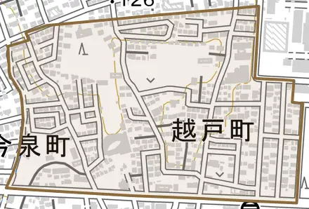 越戸町とその周辺の地図。町の範囲を重ねている