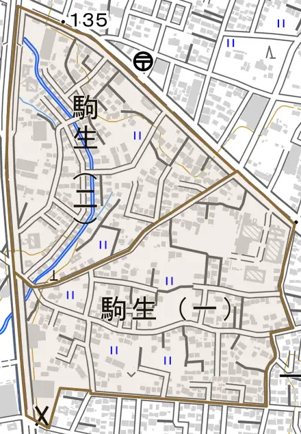 駒生とその周辺の地図。町の範囲を重ねている