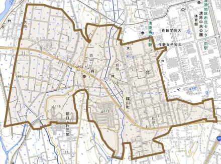 鐺山町とその周辺の地図。町の範囲を重ねている