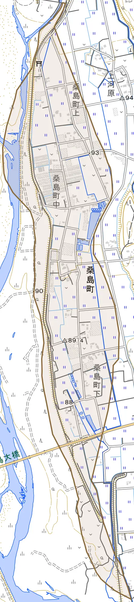 桑島町とその周辺の地図。町の範囲を重ねている