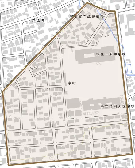 京町とその周辺の地図。町の範囲を重ねている