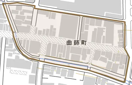 曲師町とその周辺の地図。町の範囲を重ねている