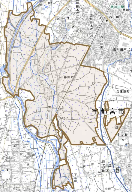 幕田町とその周辺の地図。町の範囲を重ねている