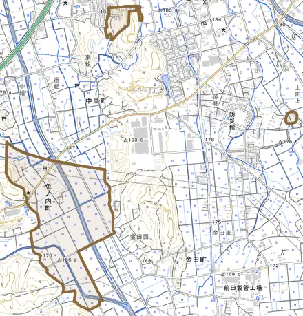 免ノ内町とその周辺の地図。町の範囲を重ねている