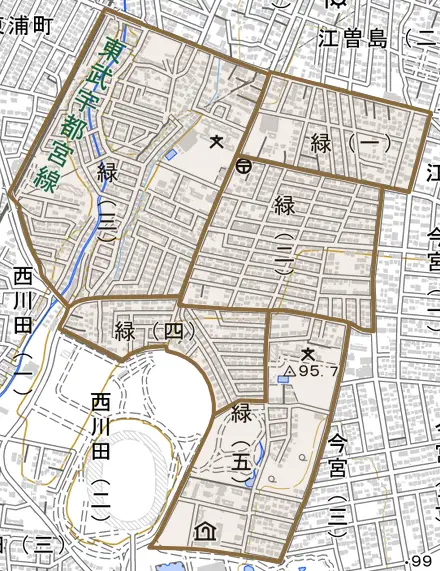 緑とその周辺の地図。町の範囲を重ねている