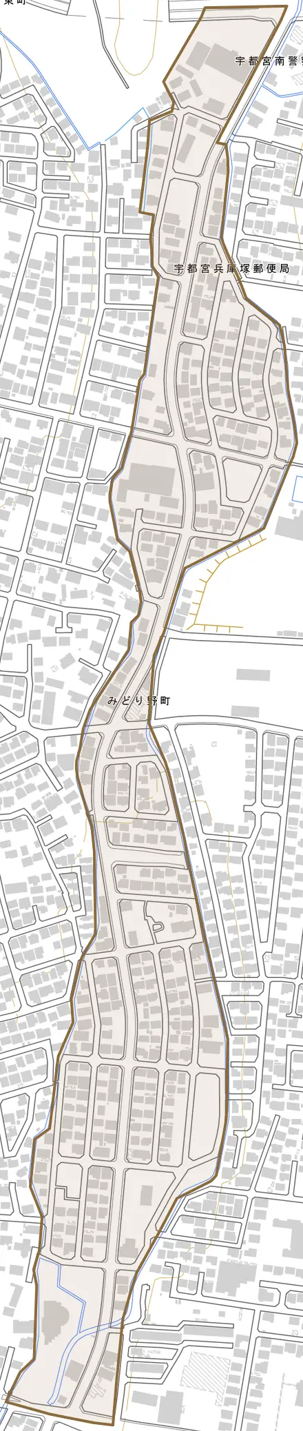 みどり野町とその周辺の地図。町の範囲を重ねている