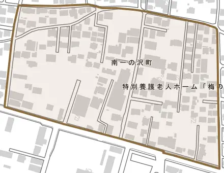 南一の沢町とその周辺の地図。町の範囲を重ねている
