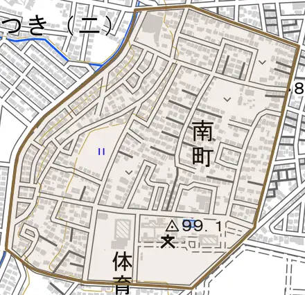 南町とその周辺の地図。町の範囲を重ねている