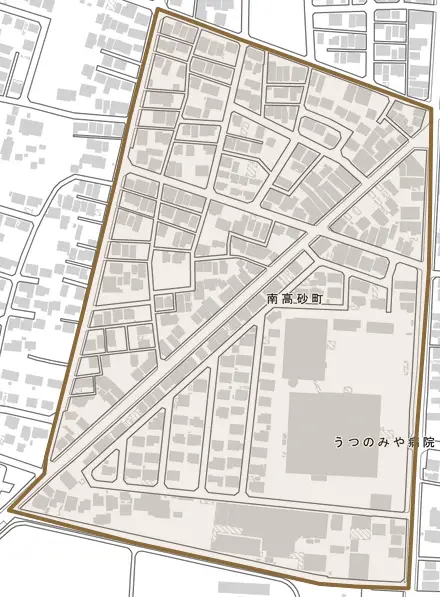南高砂町とその周辺の地図。町の範囲を重ねている
