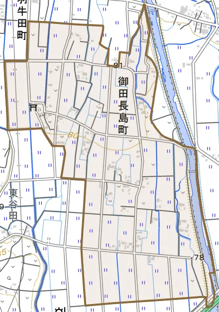 御田長島町とその周辺の地図。町の範囲を重ねている
