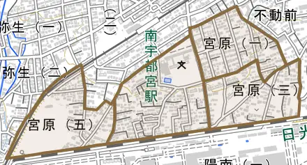 宮原とその周辺の地図。町の範囲を重ねている