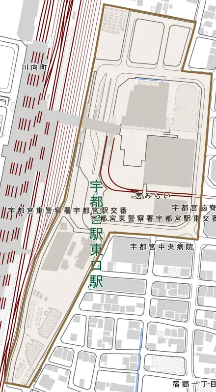 宮みらいとその周辺の地図。町の範囲を重ねている