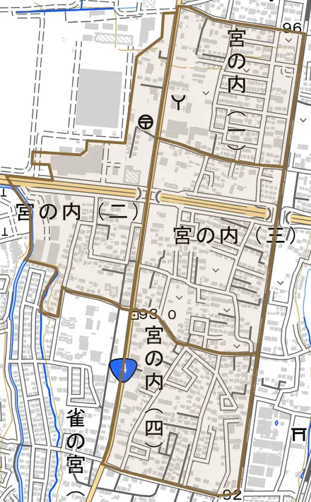 宮の内とその周辺の地図。町の範囲を重ねている