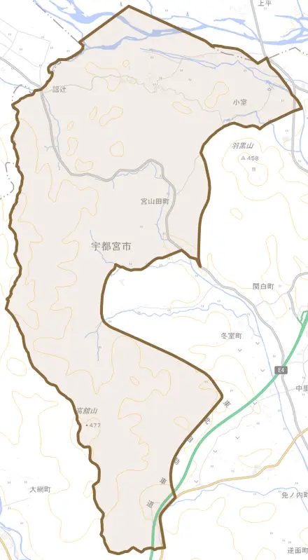 宮山田町とその周辺の地図。町の範囲を重ねている